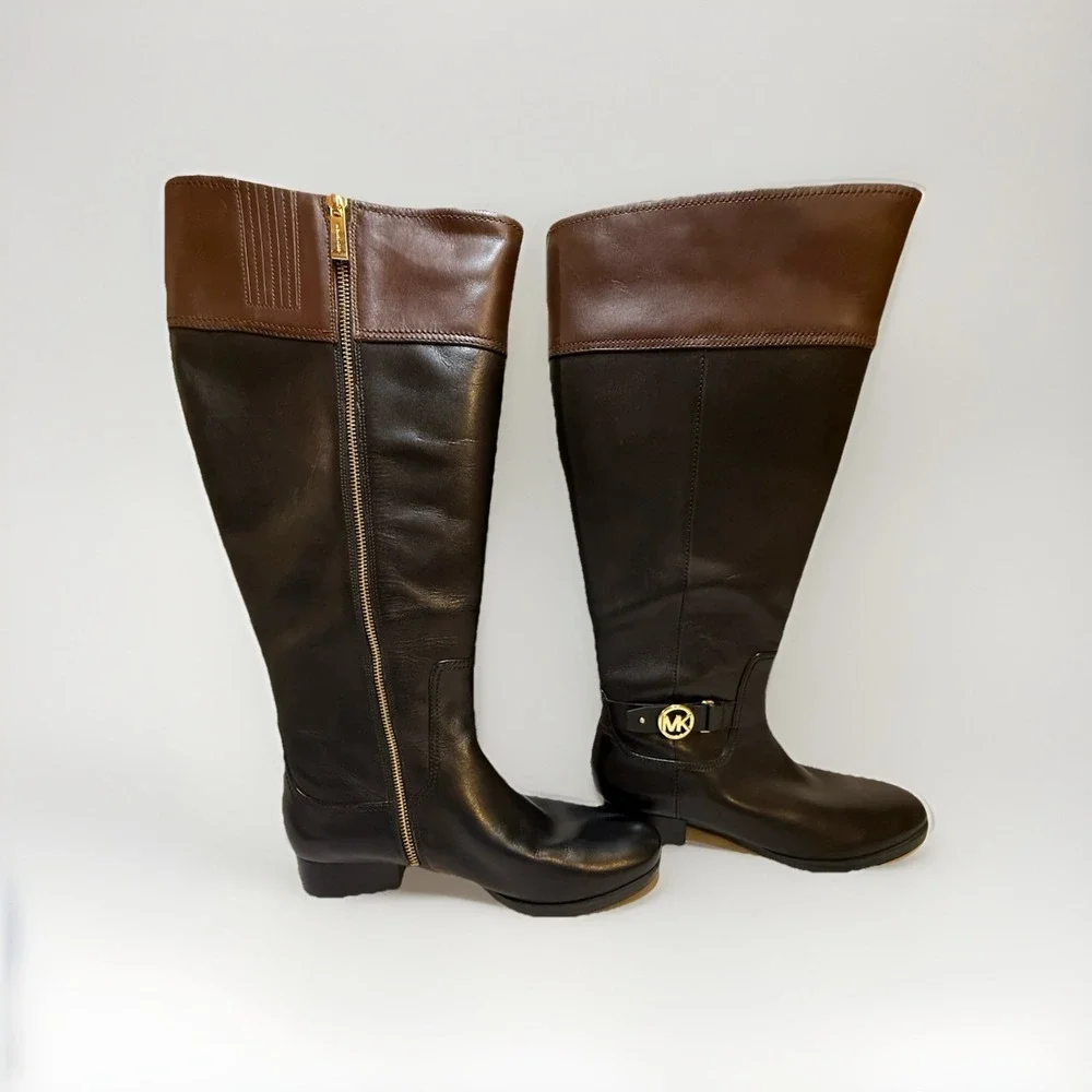 Michael Kors Fulton Harness Trail Black Mocha Brown Knee High Riding Boot 11 M